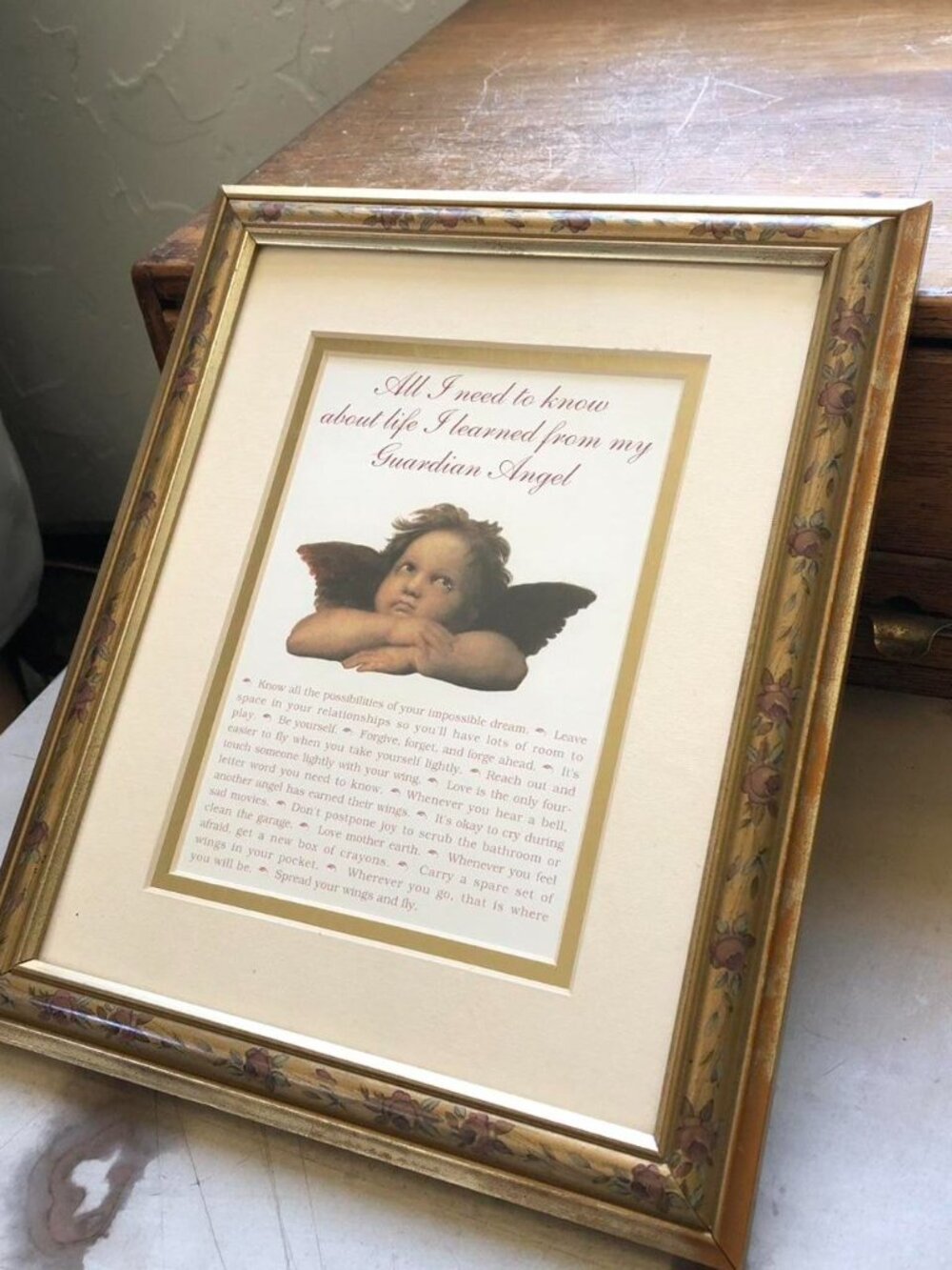 Whimsical Framed Guardian Angel Print Glass Front Gold Floral Frame